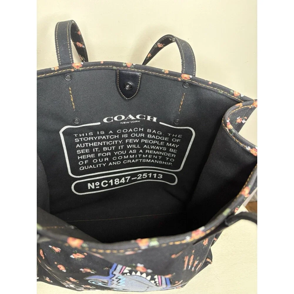 Rare COACH Sharky Canvas Tote Bag Floral Black Leather Trim Limited Edition EUC